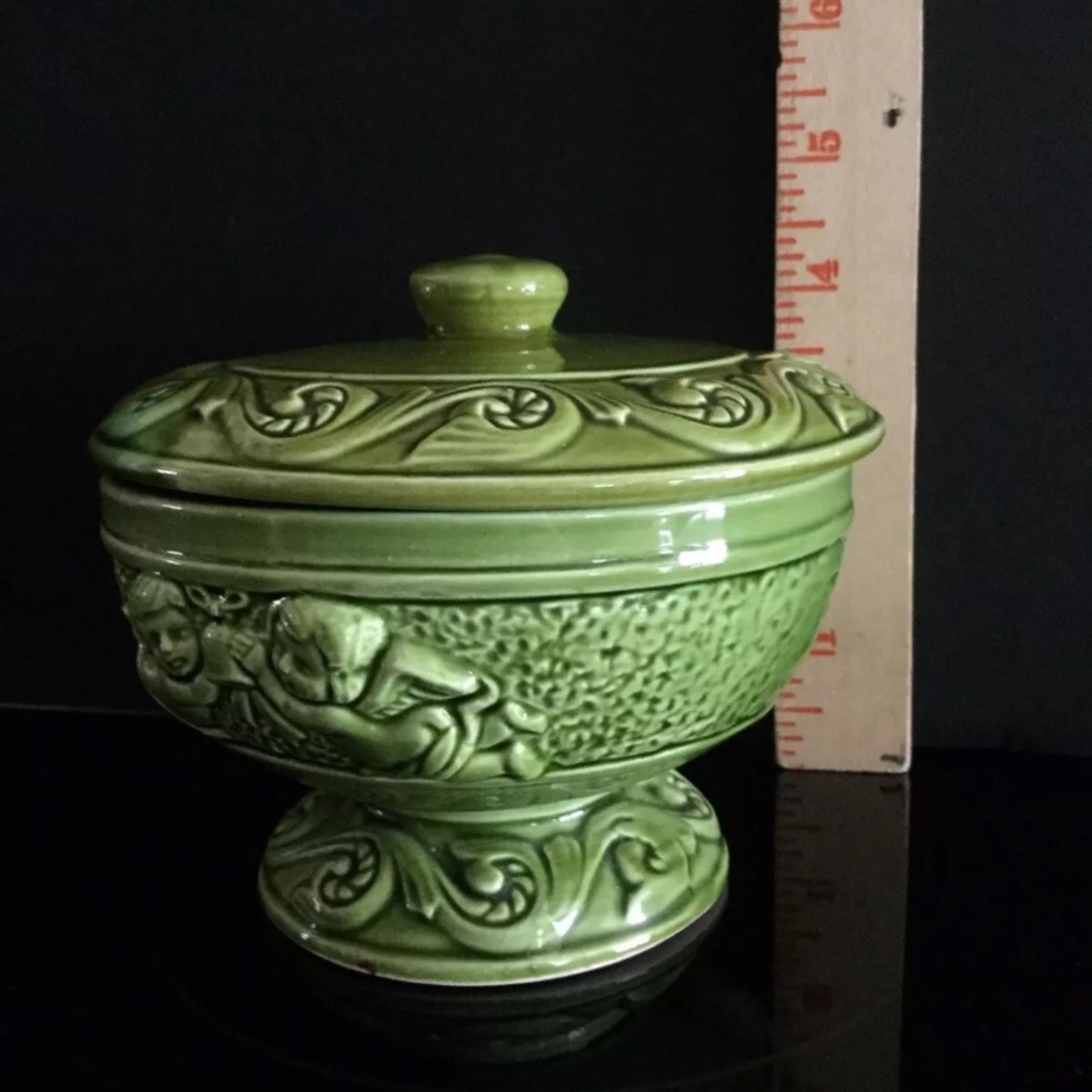 Vintage Japan Woodpecker Products Green Ceramic Pedestal Covered Candy Dish